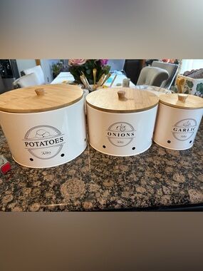 Cream Bamboo-Lid Food Storage Canister - Onions, potato and garlic